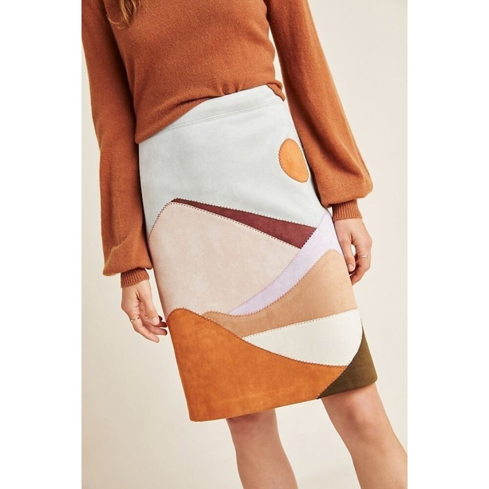 NWT Anthropologie Mirage Patchwork Motif Faux Suede Pencil Skirt M